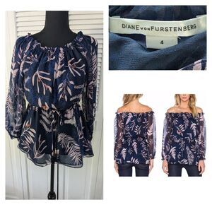Diane von Furstenberg Silk Camila Women Top Sz 4 Blue Pink Signed Chiffon Blouse